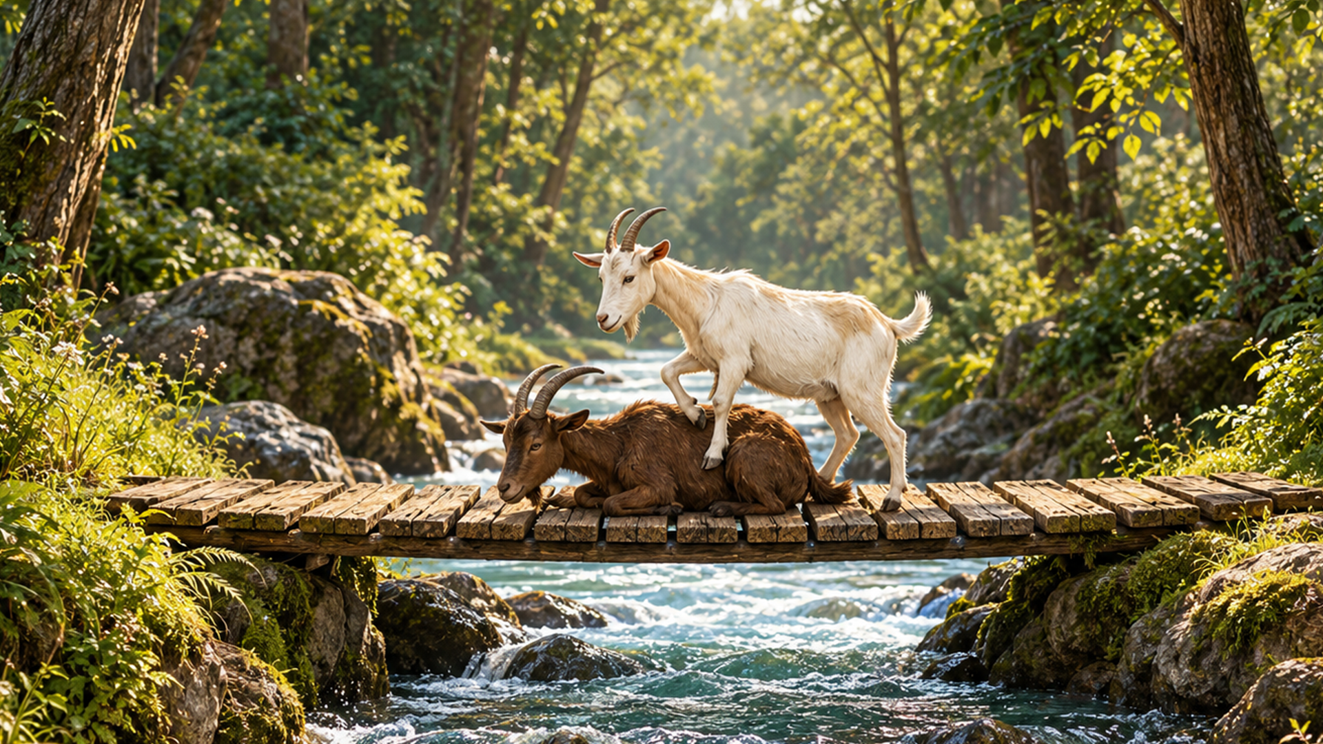 The Two Goats on the Bridge - Goats on a Rustic Forest Bridge