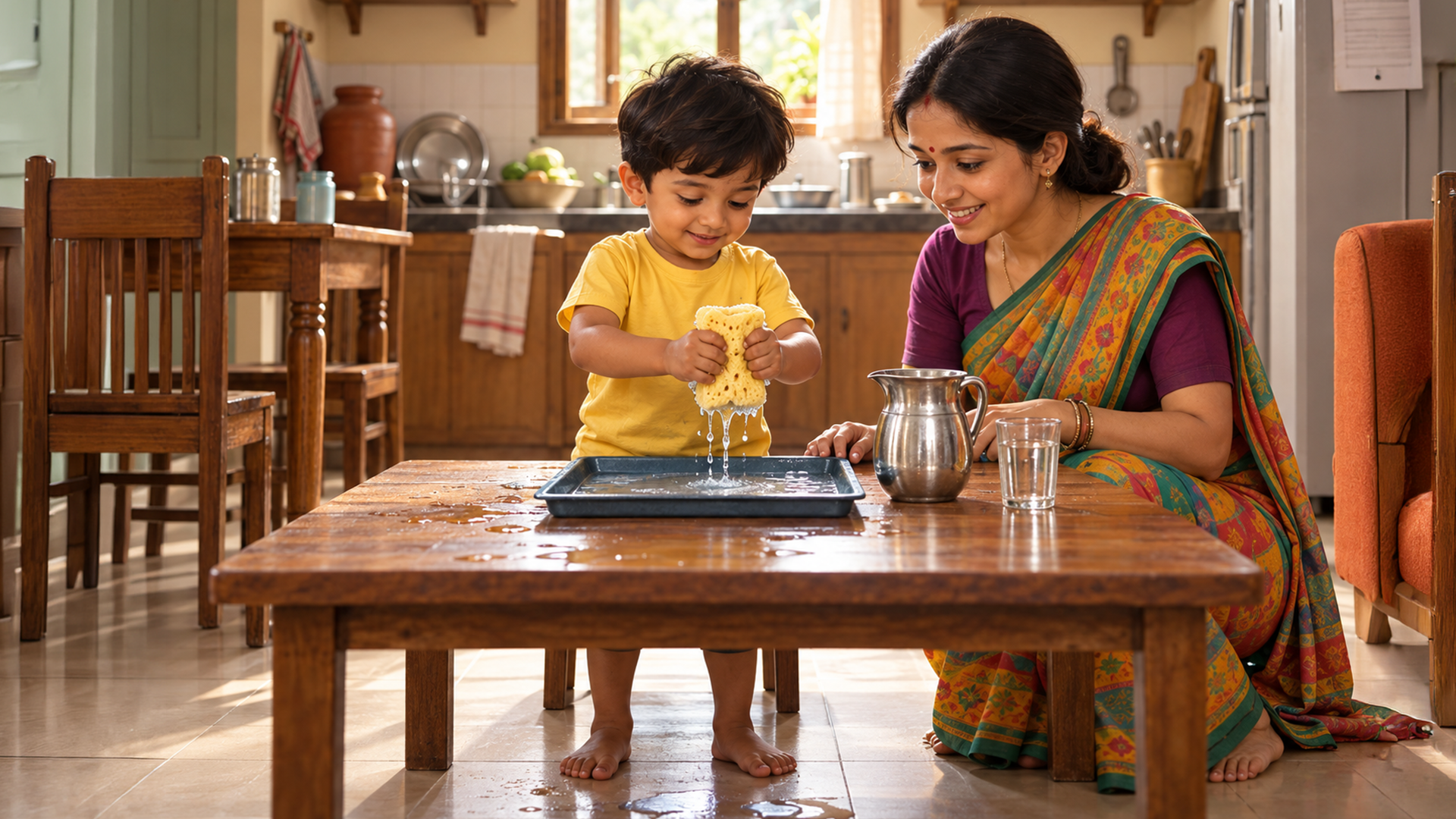 Neel and the Little Jug - Joyful Sponge Play in a Warm Kitchen