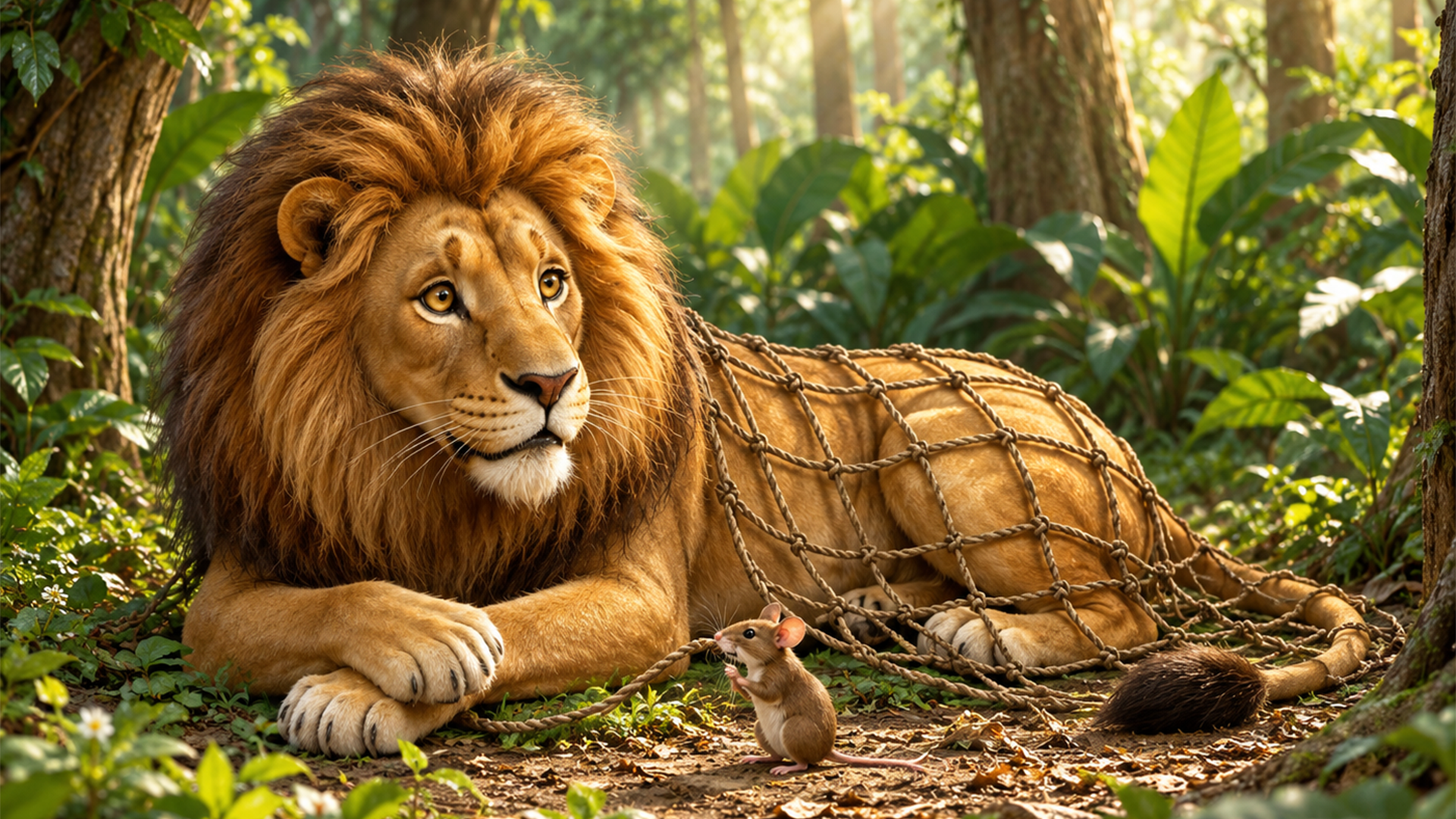 The Lion and the Mouse - Lion and Mouse in the Sunlit Forest
