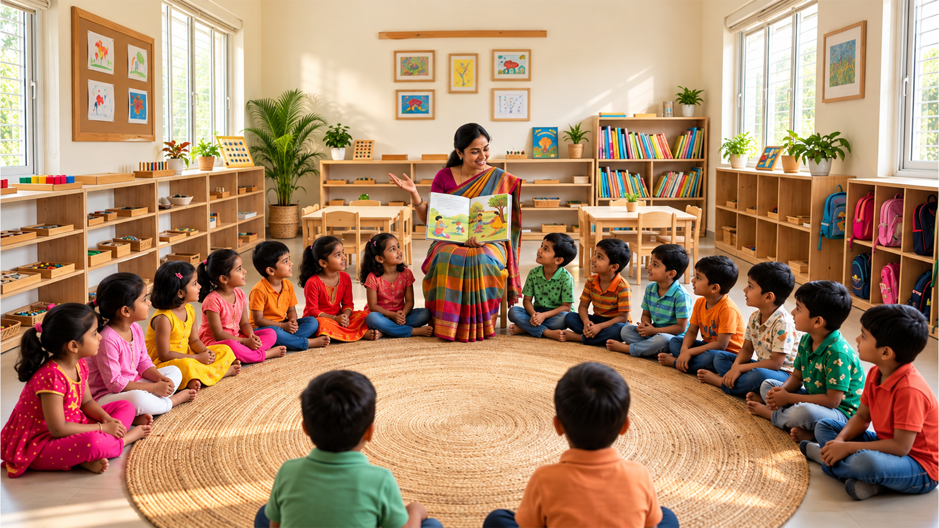 Montessori Storytime Circle in a Sunlit Classroom &ndash; Short Moral Stories for Kids in English