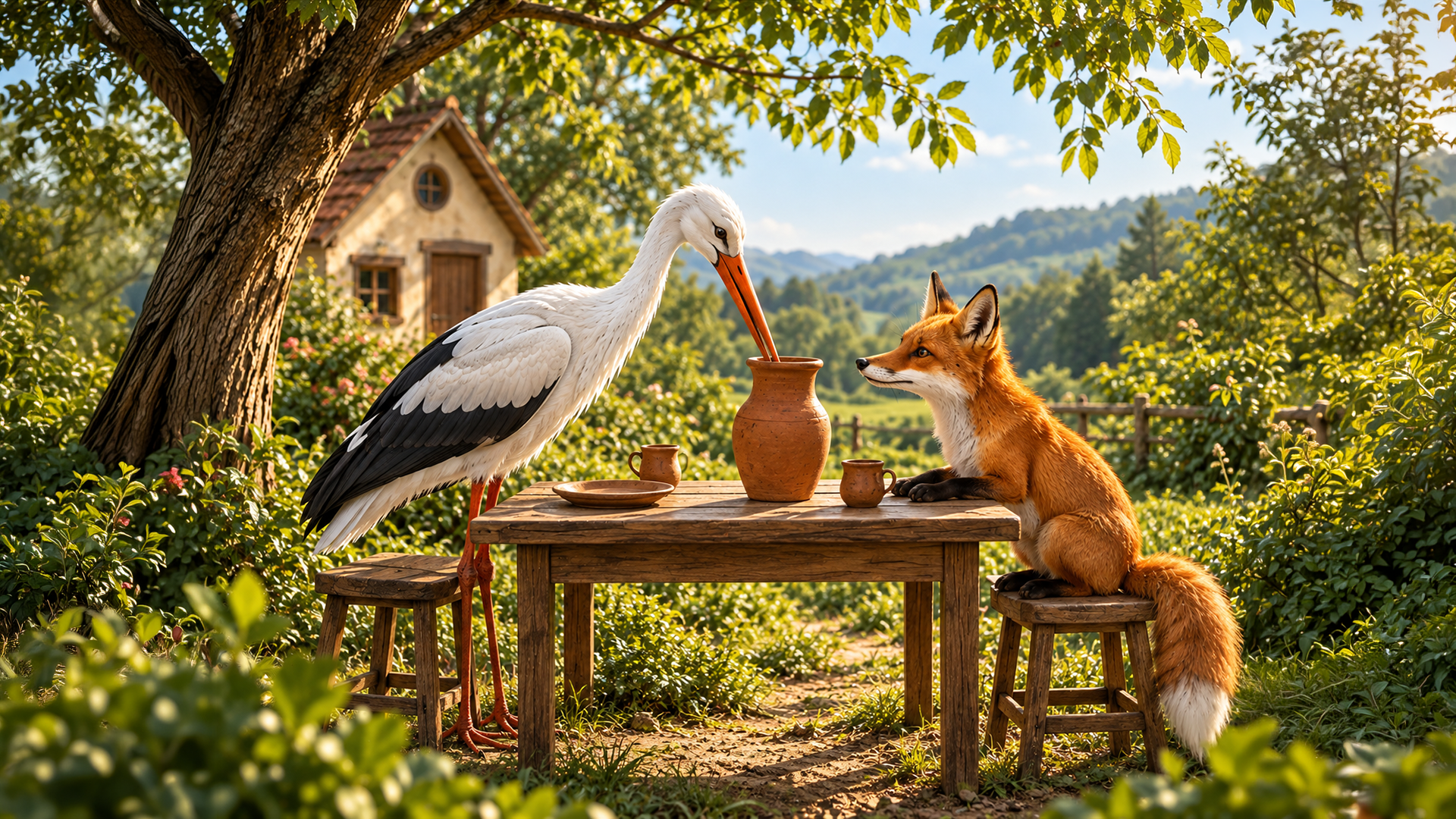 The Fox and the Stork - Stork and Fox at a Rustic Table