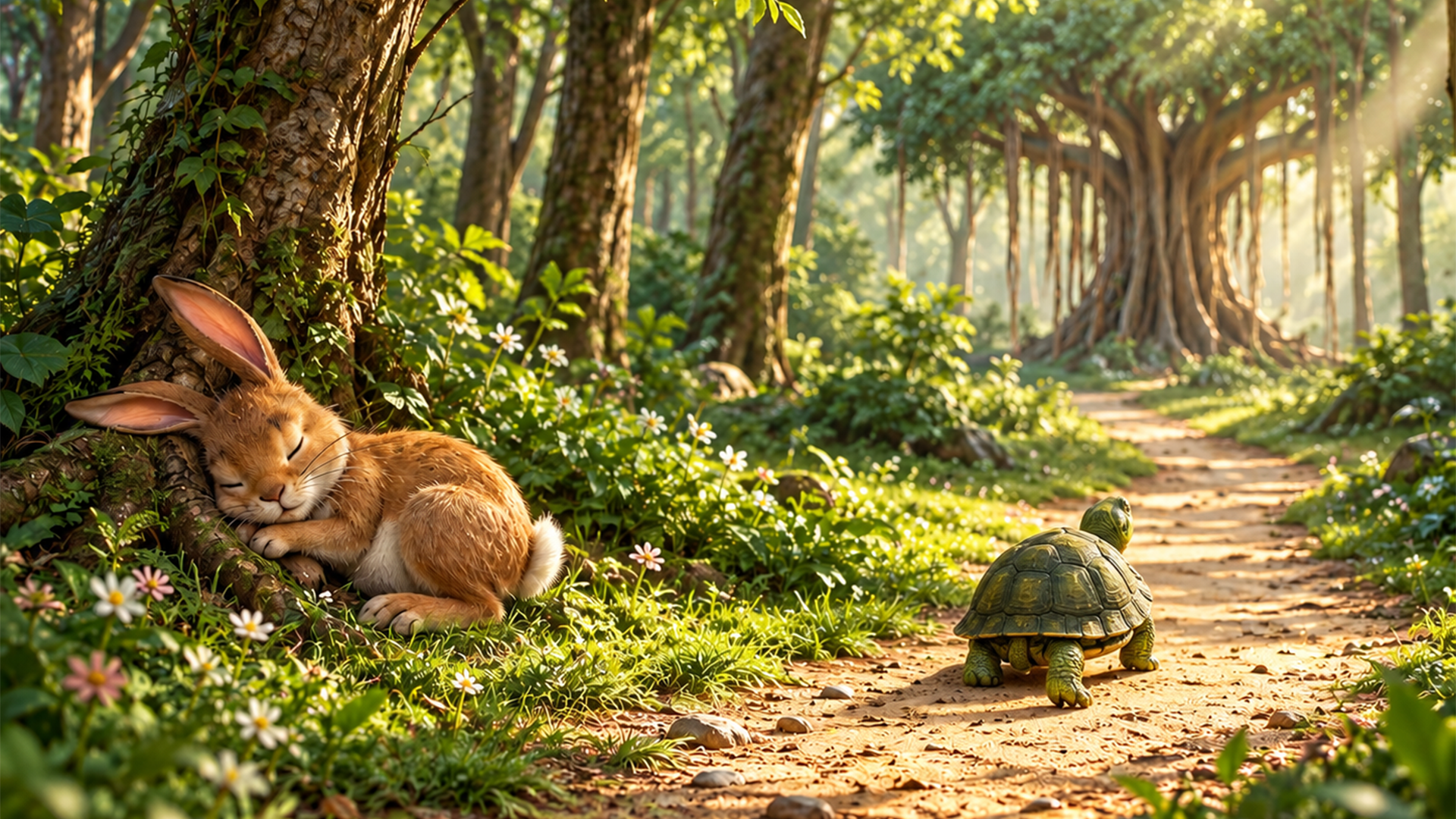 The Tortoise and the Hare - Tortoise Along the Sunlit Forest Path